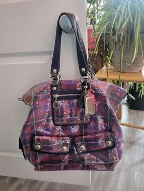 Coach Poppy Sequin Plaid Tote in Purple and Black